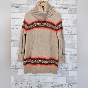 Gap Fair Isle Turtle Neck Lambswool Sweater Small Pockets Beige Oversized